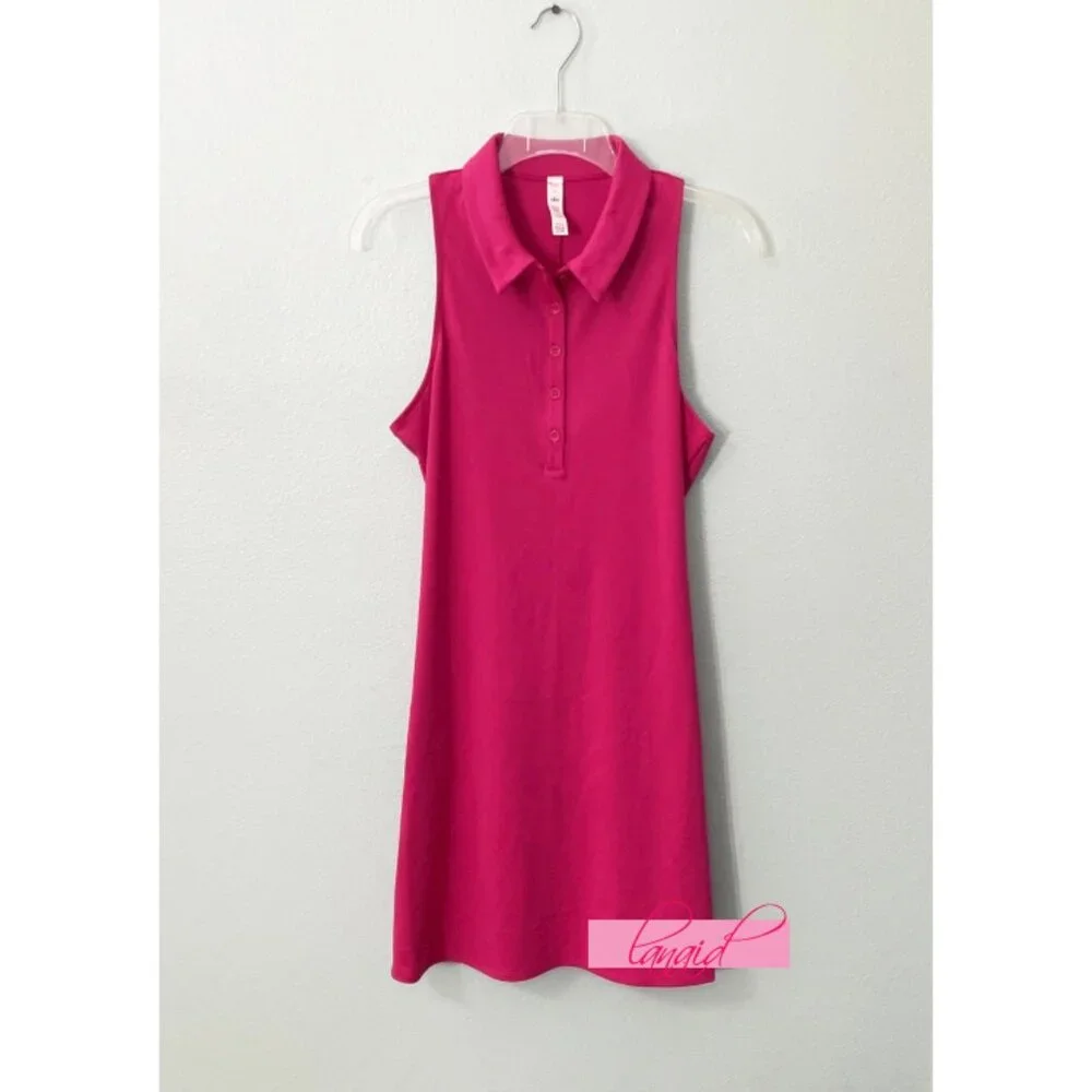 Alo Charmed Tennis Dress Magenta Crush Button-Up V-Neck Sleeveless Henley Mini L